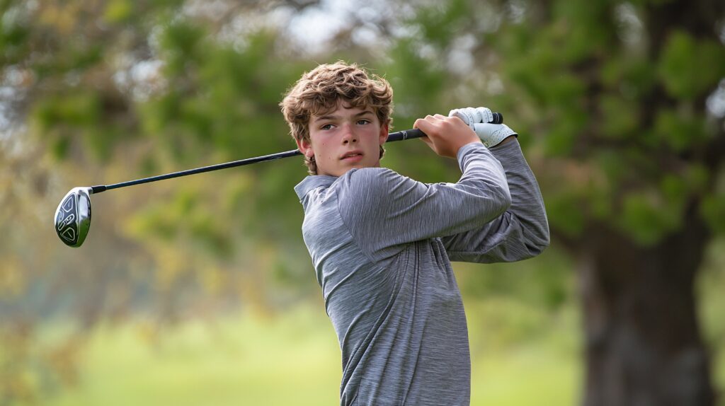 Young golfer mid-swing on a green course with trees in the background.