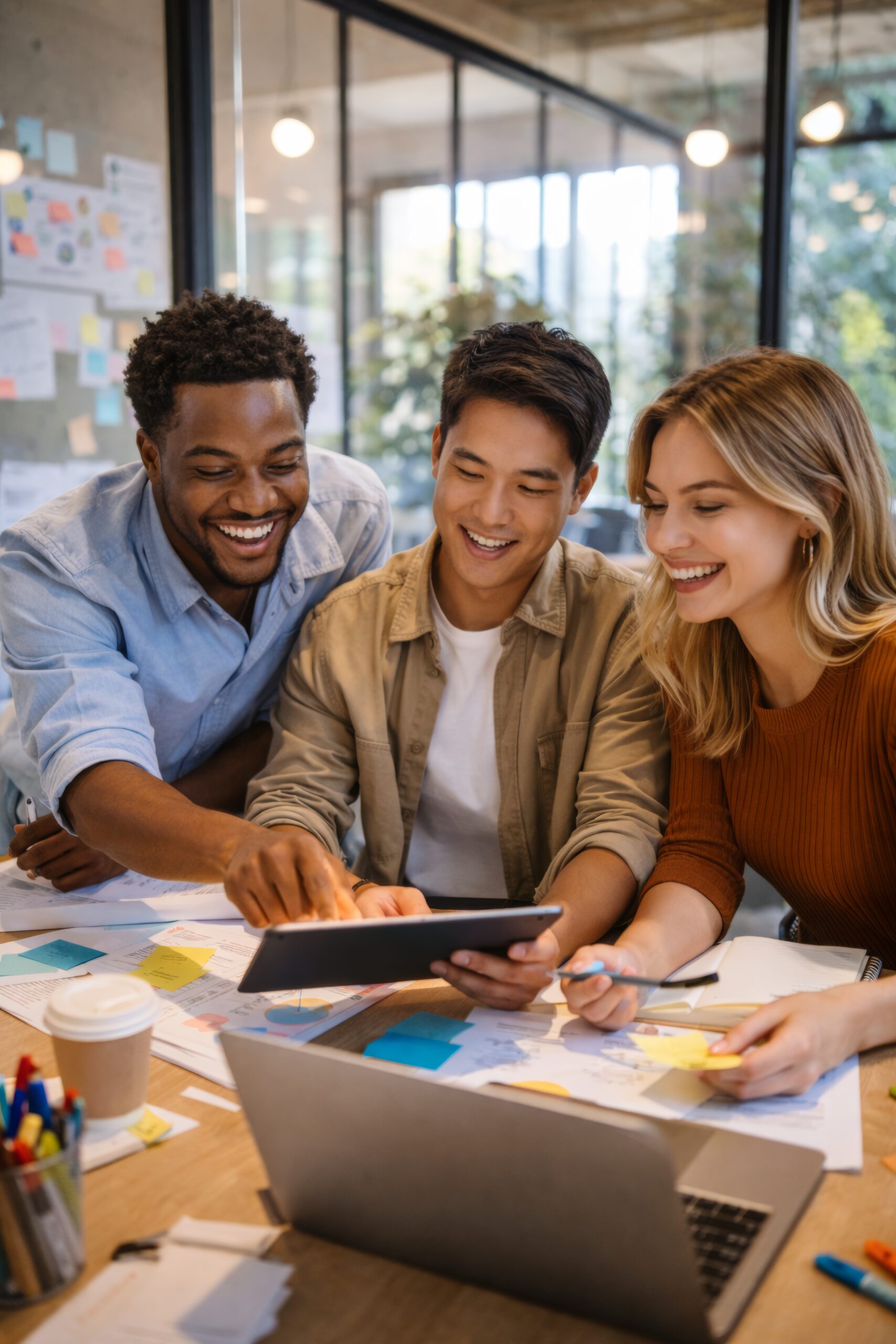 Three coworkers smiling and collaborating at a table while looking at a tablet, with a laptop and notes spread out in a modern office.