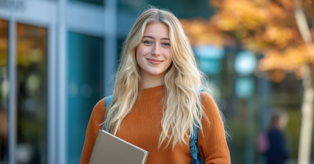 Blonde college student with long hair stands confidently on campus in autumn setting