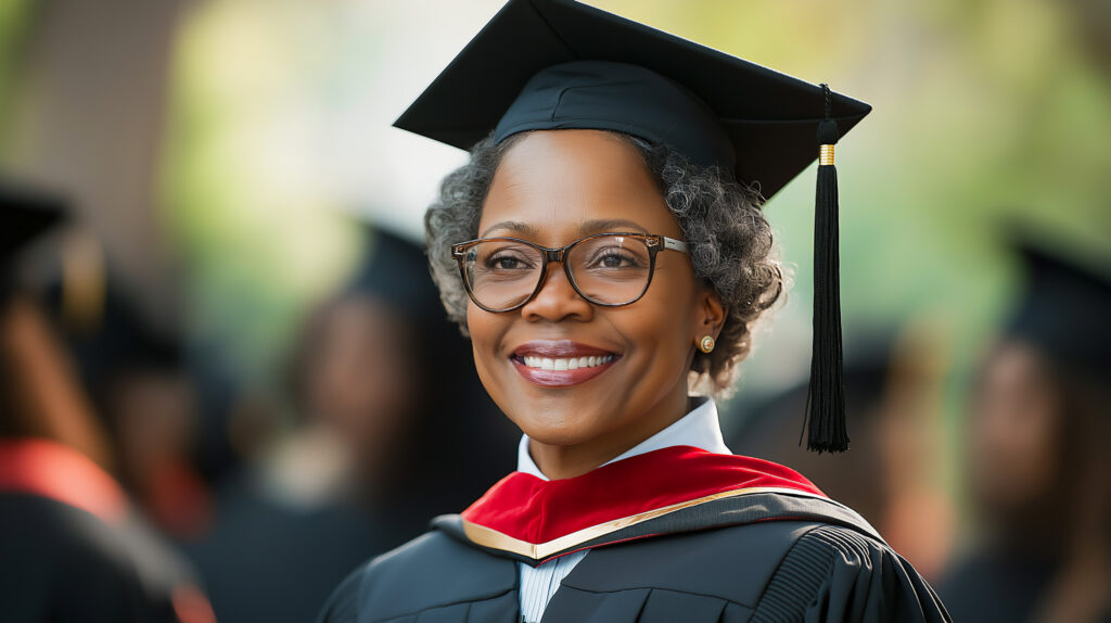 Smiling graduate wearing cap and gown with glasses and red academic hood at commencement ceremony.