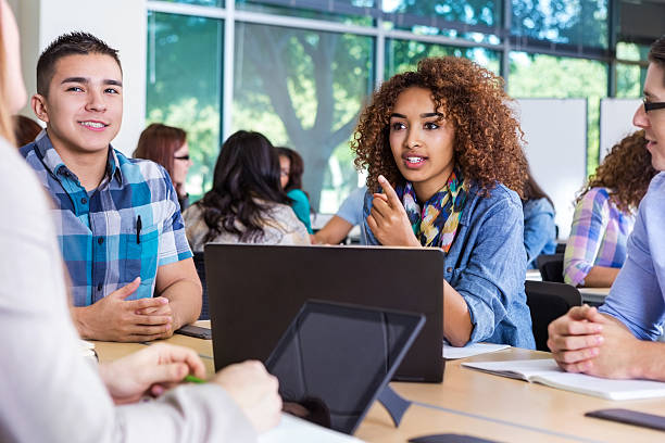 Diverse high school or college students studying in group